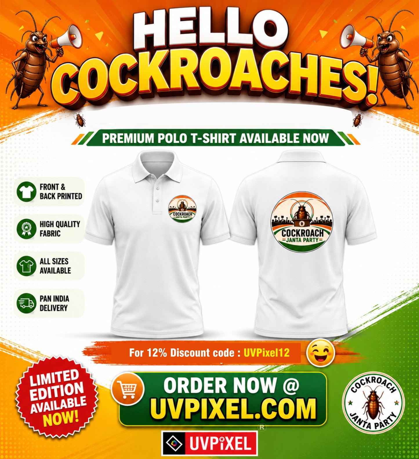 Customize Polo T-shirt With Cockroach Janta Party Logo